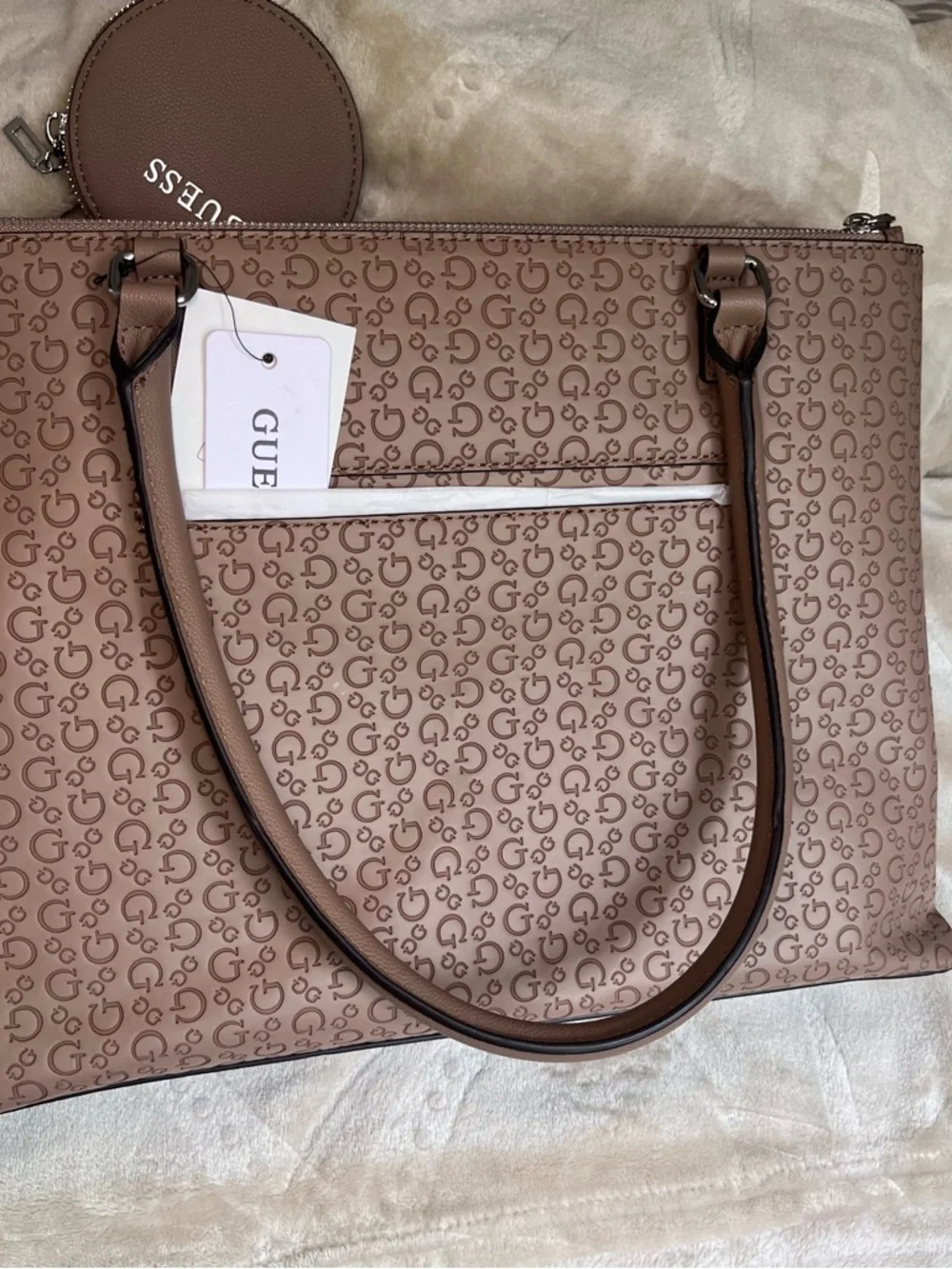 GUESS Blush Taupe Logo-Print Satchel with Round Coin Pouch